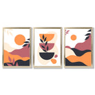 Boho Vibrant Pink Orange Set of 3 Framed Art Prints with Gold Wood Frames
