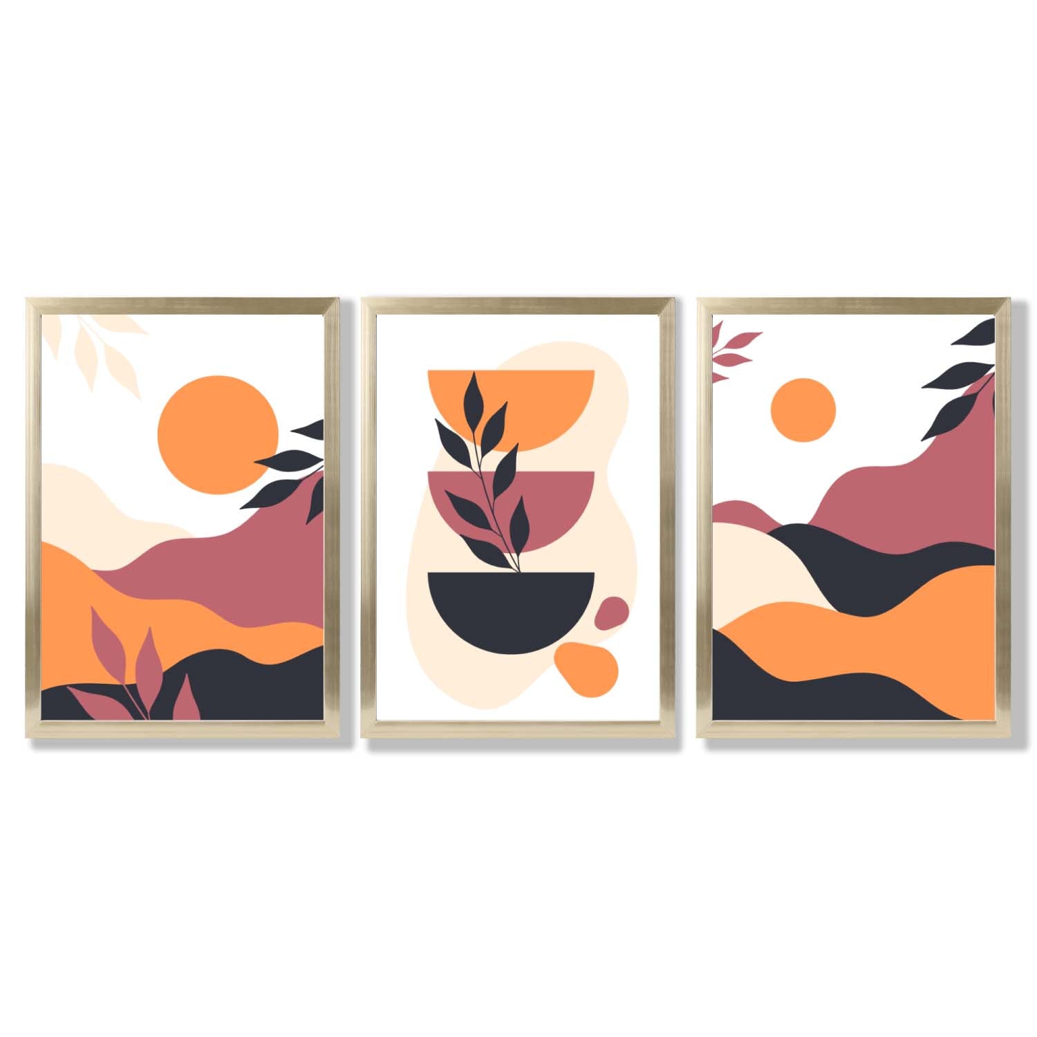 Boho Vibrant Pink Orange Set of 3 Framed Art Prints with Gold Wood Frames