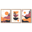 Boho Vibrant Pink Orange Set of 3 Framed Art Prints with Light Oak Frames