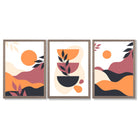 Boho Vibrant Pink Orange Set of 3 Framed Art Prints with Light Walnut Frames