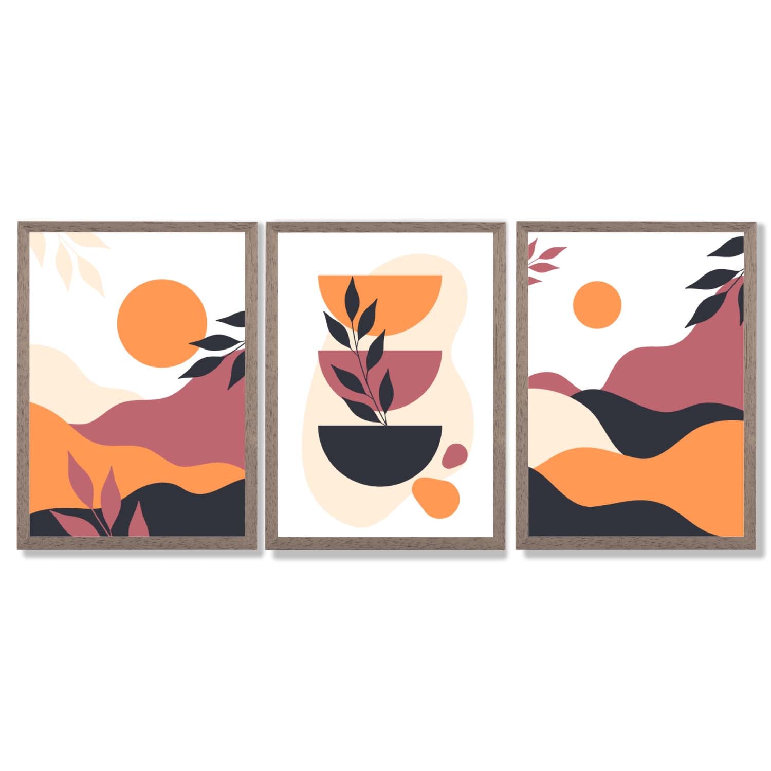 Boho Vibrant Pink Orange Set of 3 Framed Art Prints with Light Walnut Frames