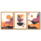 Boho Vibrant Pink Orange Set of 3 Framed Art Prints with Oak Wooden Frames