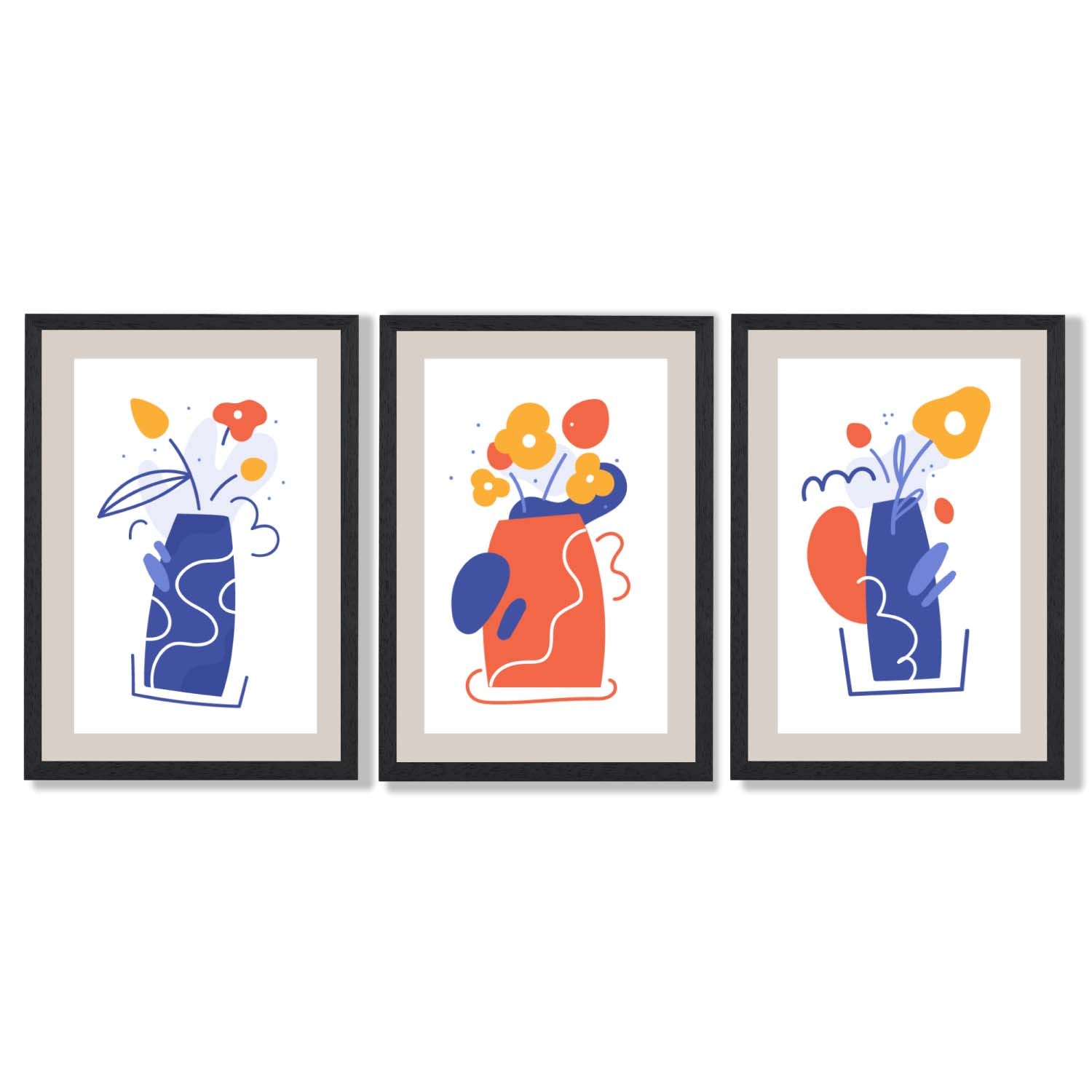 Boho Minimal Floral Blue Orange Set of 3 Framed Art Prints with Black Wooden Frames