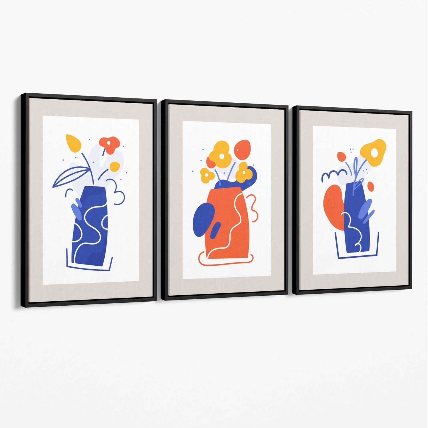 Boho Minimal Floral Blue Orange Set of 3 Canvas Art Prints with Black Float Frame