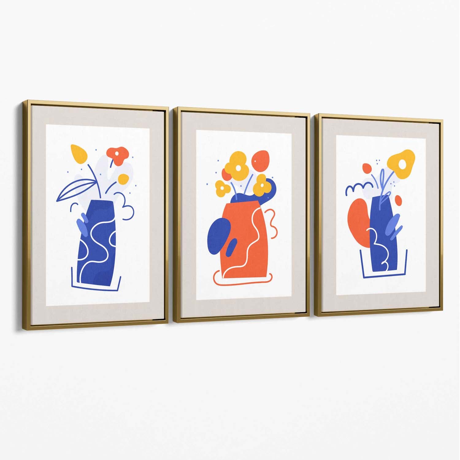 Boho Minimal Floral Blue Orange Set of 3 Canvas Art Prints with Gold Float Frame