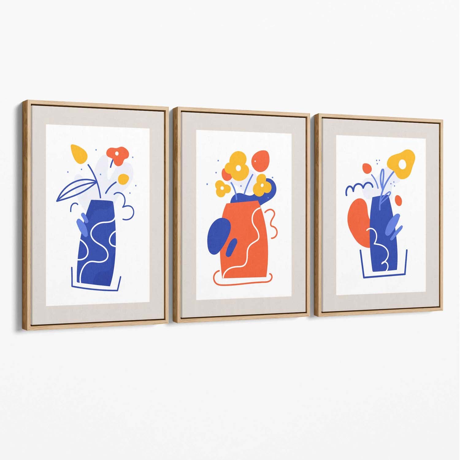 Boho Minimal Floral Blue Orange Set of 3 Canvas Art Prints with Oak Float Frame