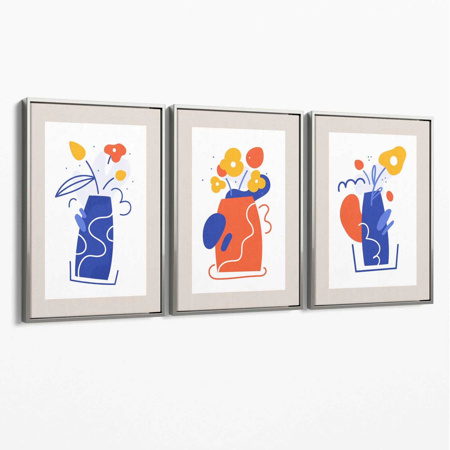 Boho Minimal Floral Blue Orange Set of 3 Canvas Art Prints with Silver Float Frame