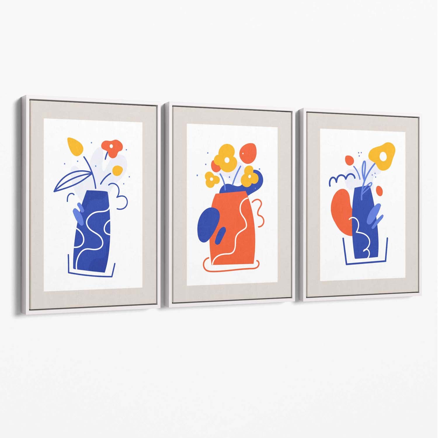 Boho Minimal Floral Blue Orange Set of 3 Canvas Art Prints with White Float Frame
