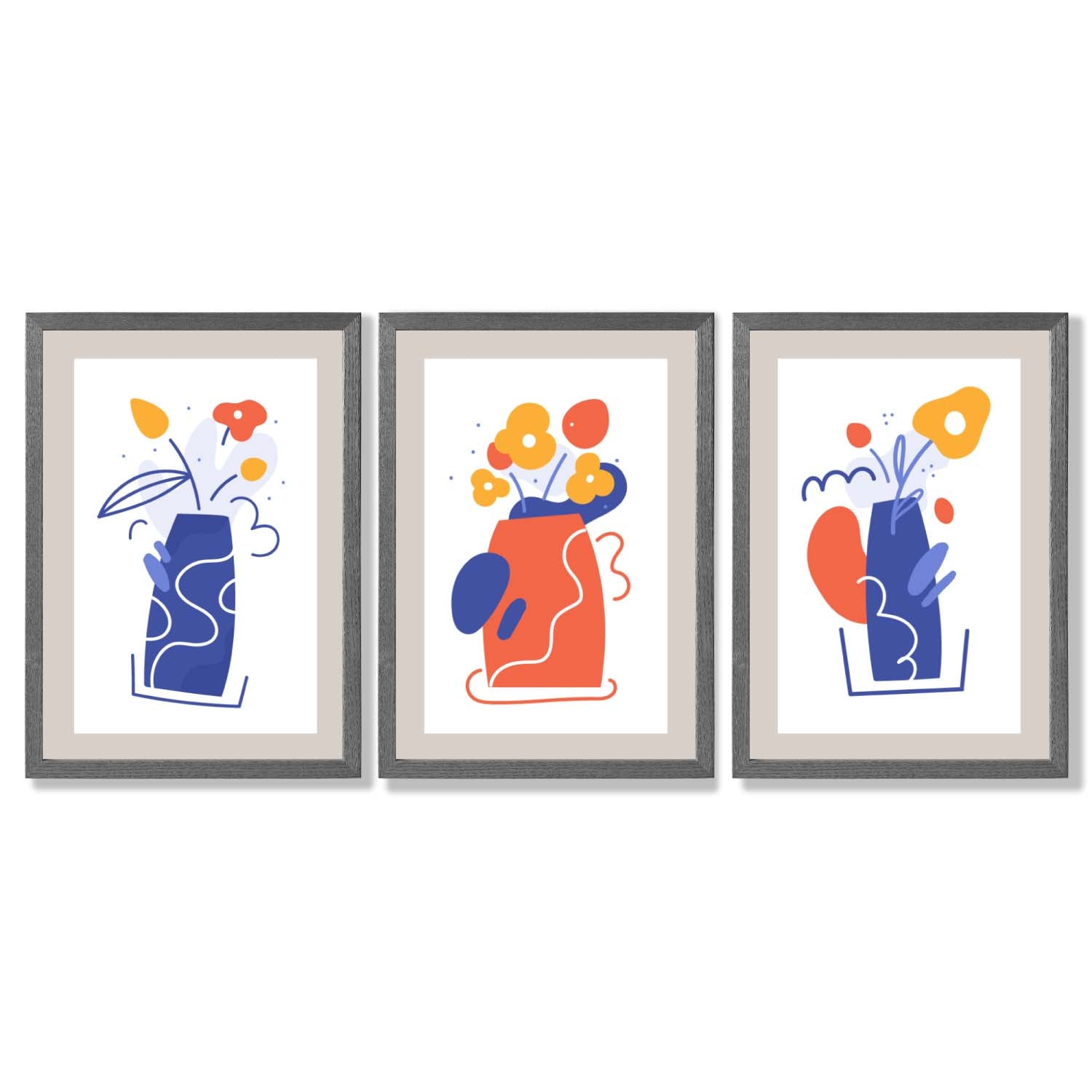 Boho Minimal Floral Blue Orange Set of 3 Framed Art Prints with Dark Grey Wooden Frames