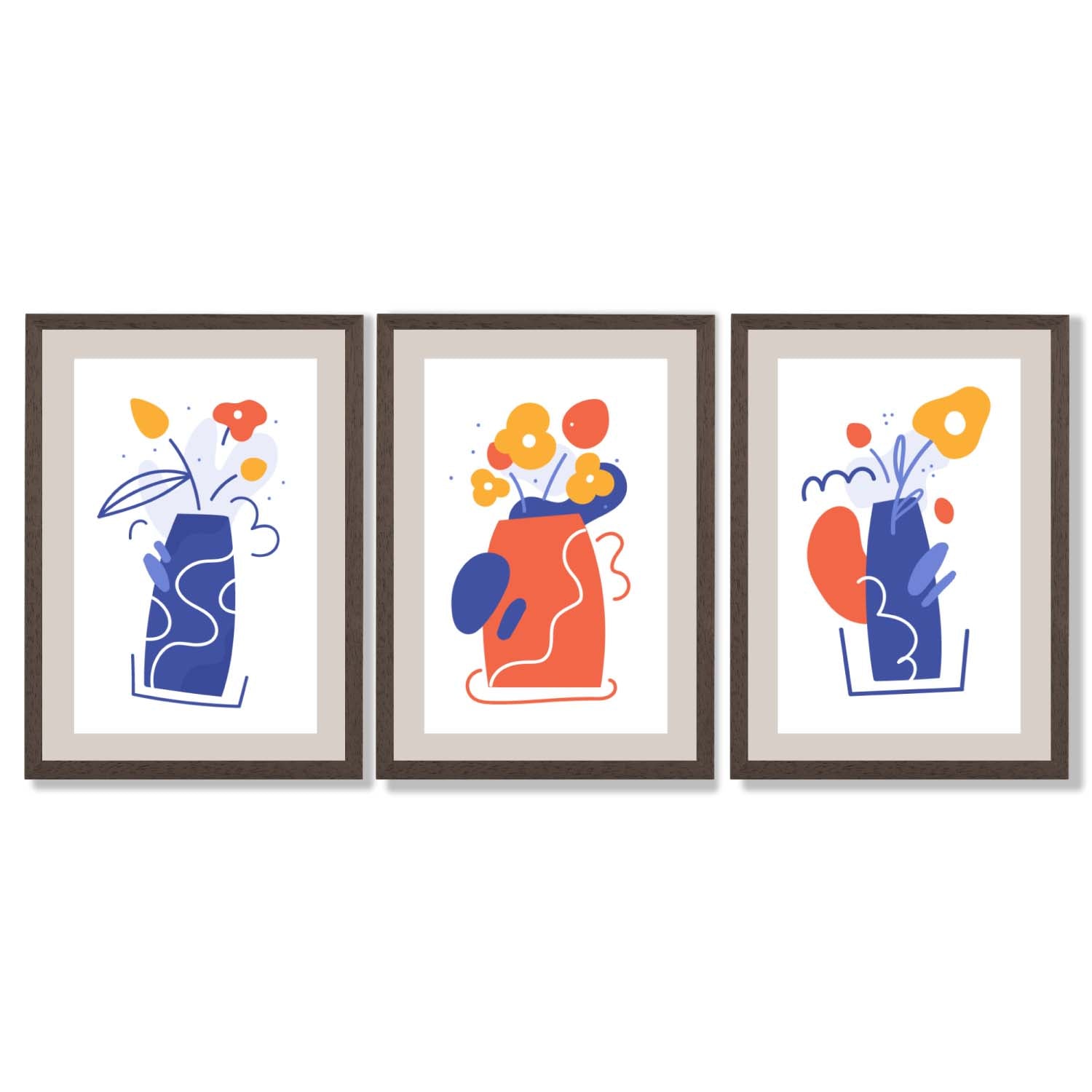 Boho Minimal Floral Blue Orange Set of 3 Framed Art Prints with Dark Wood Frames