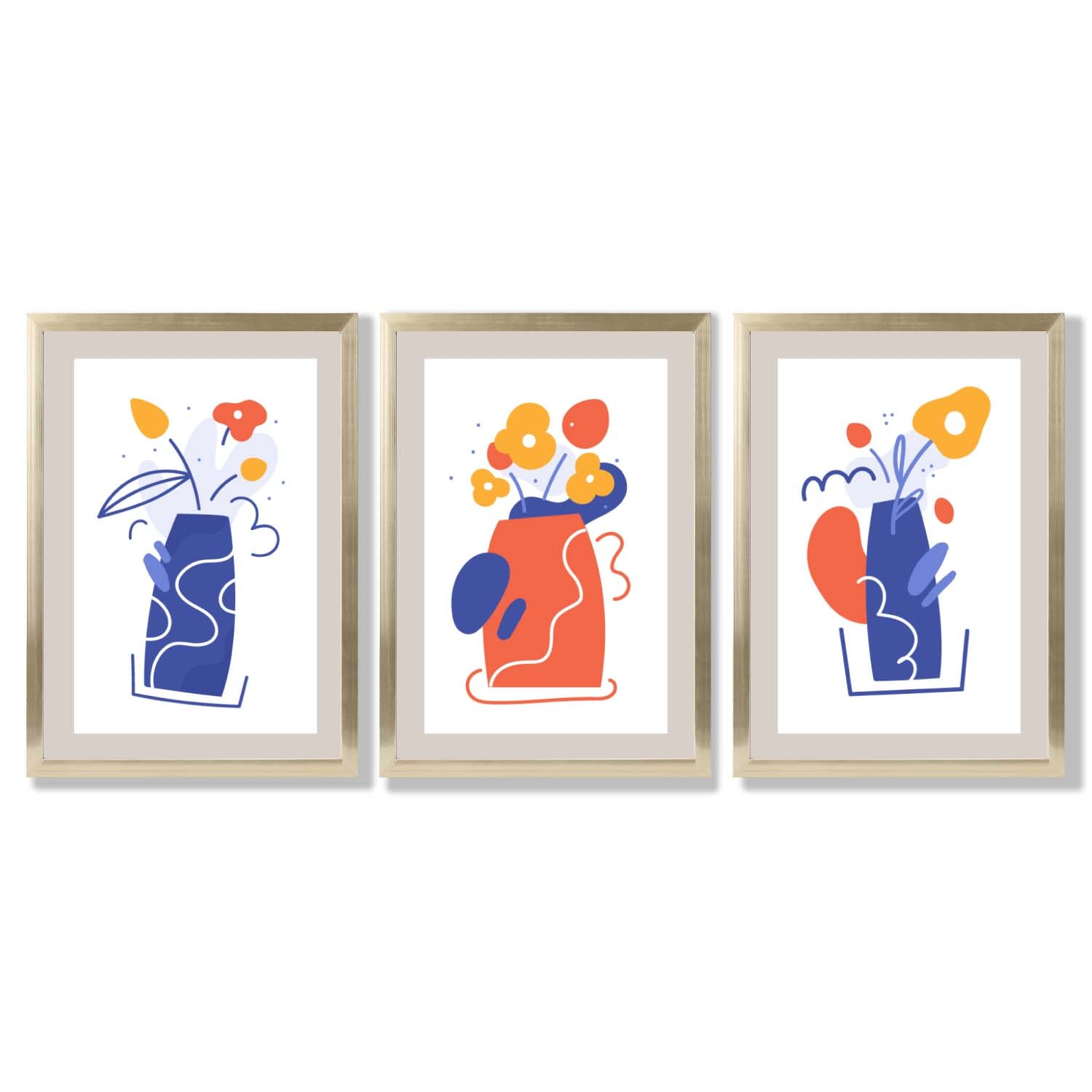 Boho Minimal Floral Blue Orange Set of 3 Framed Art Prints with Gold Wood Frames