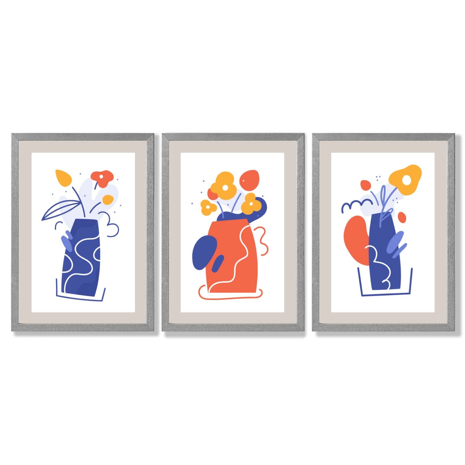 Boho Minimal Floral Blue Orange Set of 3 Framed Art Prints with Light Grey Wooden Frames