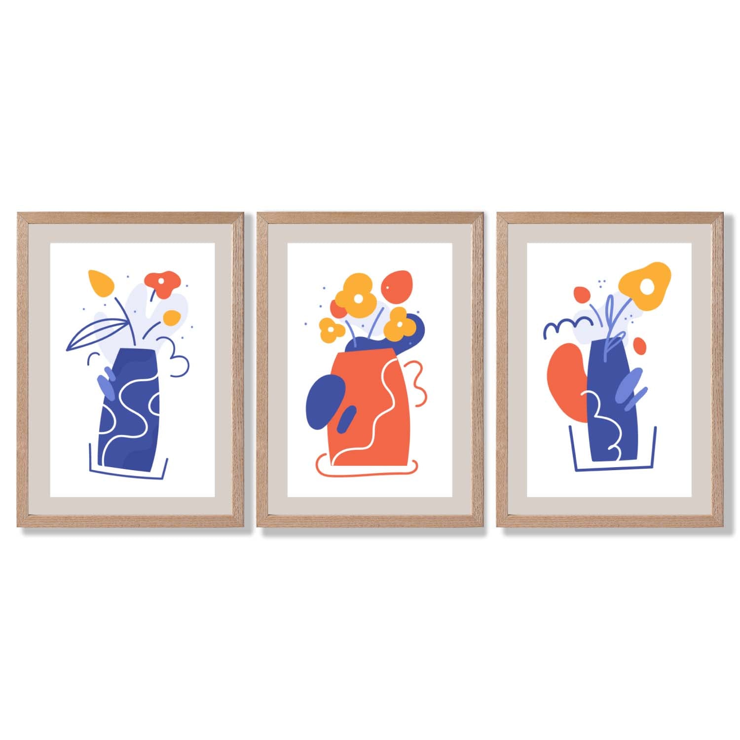Boho Minimal Floral Blue Orange Set of 3 Framed Art Prints with Light Oak Frames