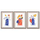 Boho Minimal Floral Blue Orange Set of 3 Framed Art Prints with Light Walnut Frames