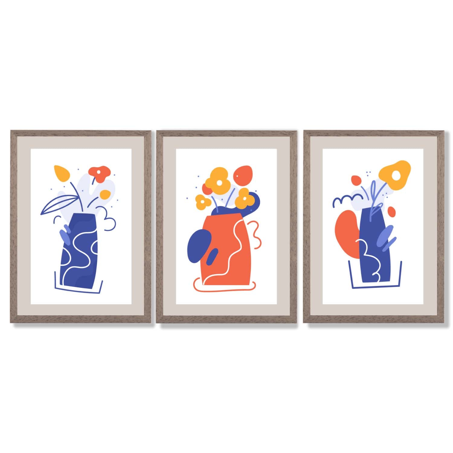 Boho Minimal Floral Blue Orange Set of 3 Framed Art Prints with Light Walnut Frames