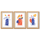 Boho Minimal Floral Blue Orange Set of 3 Framed Art Prints with Oak Wooden Frames