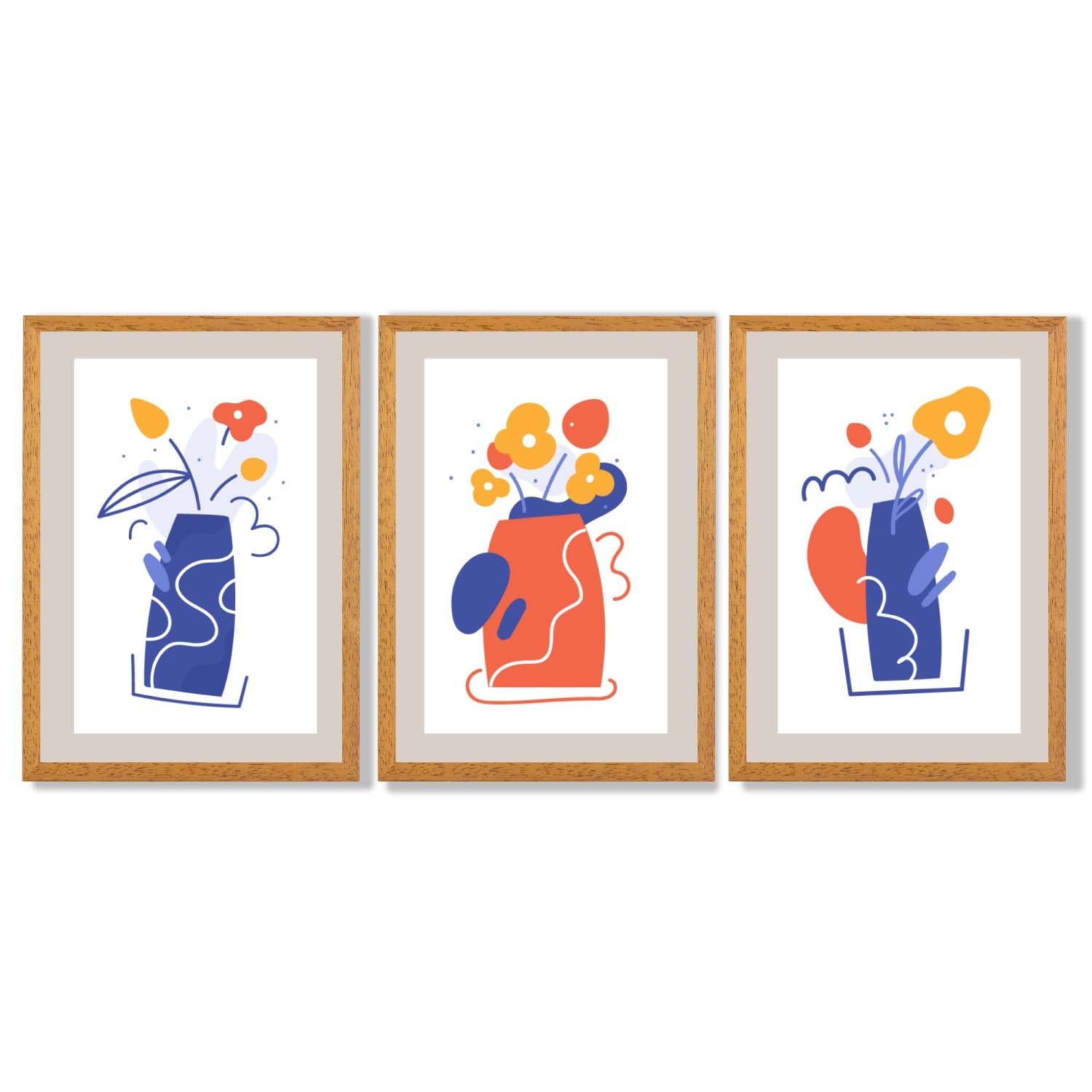 Boho Minimal Floral Blue Orange Set of 3 Framed Art Prints with Oak Wooden Frames