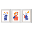 Boho Minimal Floral Blue Orange Set of 3 Framed Art Prints with White Wooden Frames