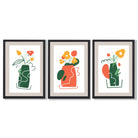 Boho Minimal Floral Green Orange Set of 3 Framed Art Prints with Black Wooden Frames