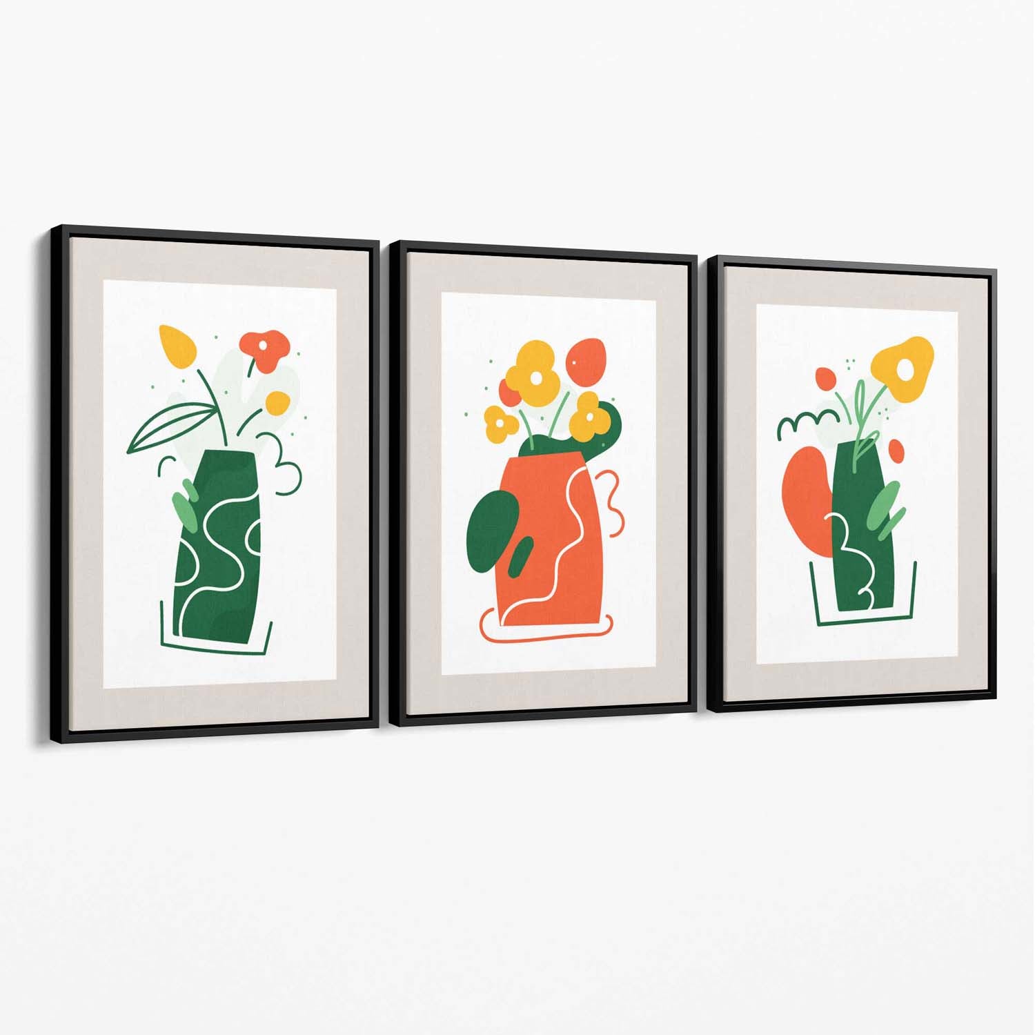 Boho Minimal Floral Green Orange Set of 3 Canvas Art Prints with Black Float Frame