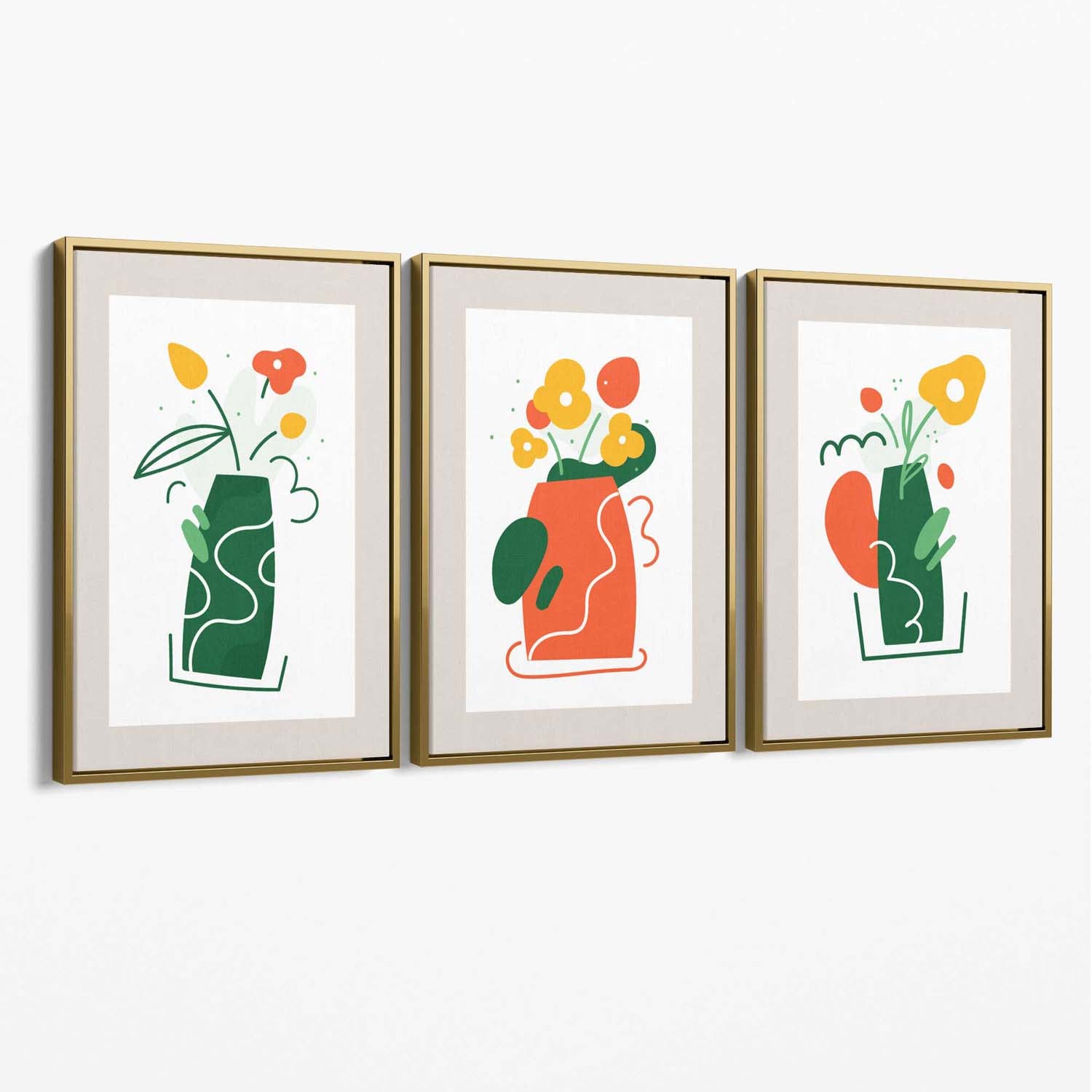 Boho Minimal Floral Green Orange Set of 3 Canvas Art Prints with Gold Float Frame