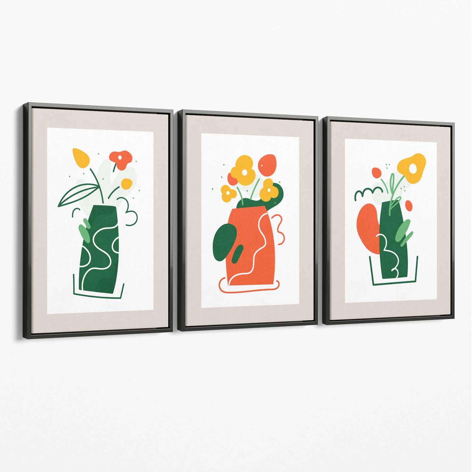 Boho Minimal Floral Green Orange Set of 3 Canvas Art Prints with Grey Float Frame