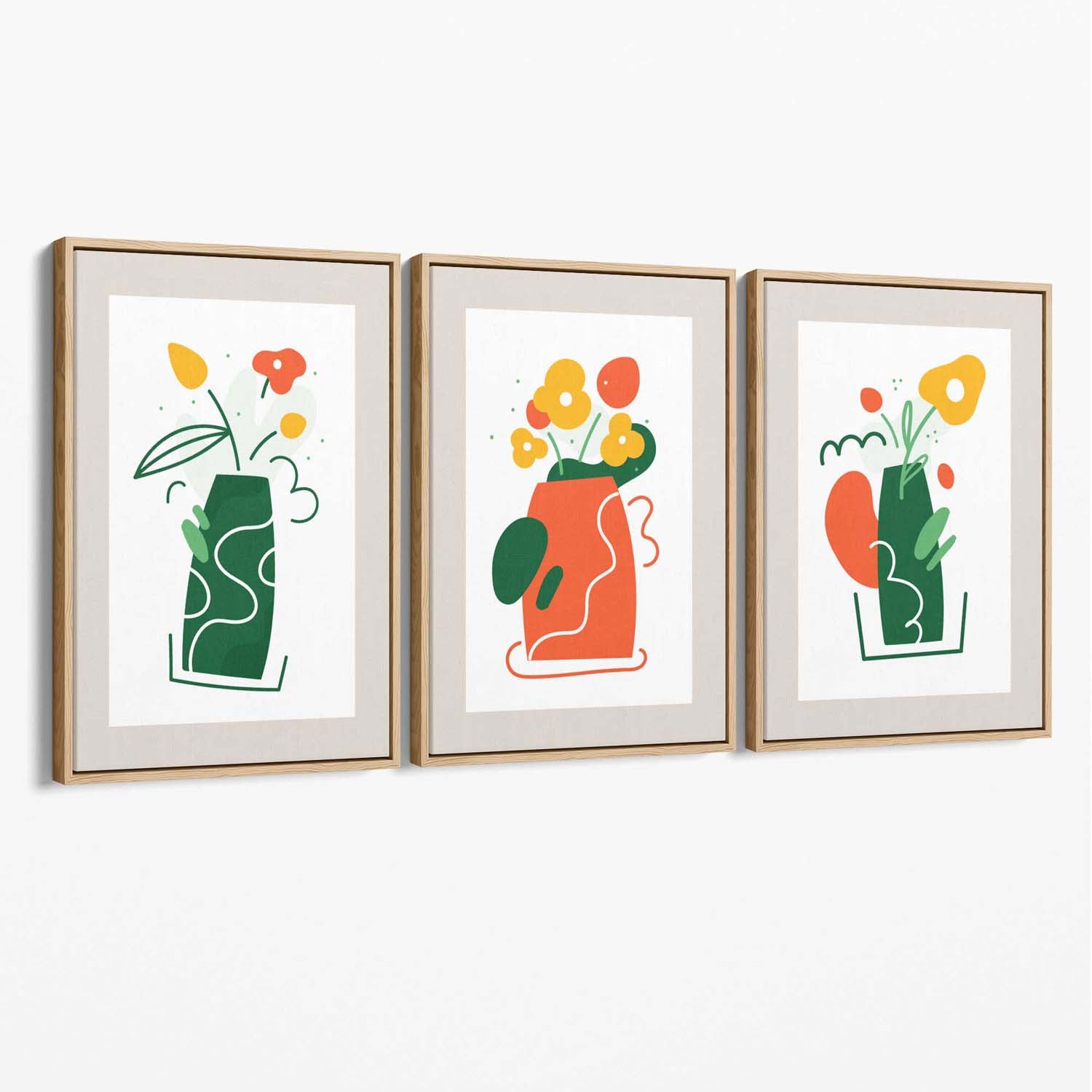 Boho Minimal Floral Green Orange Set of 3 Canvas Art Prints with Oak Float Frame
