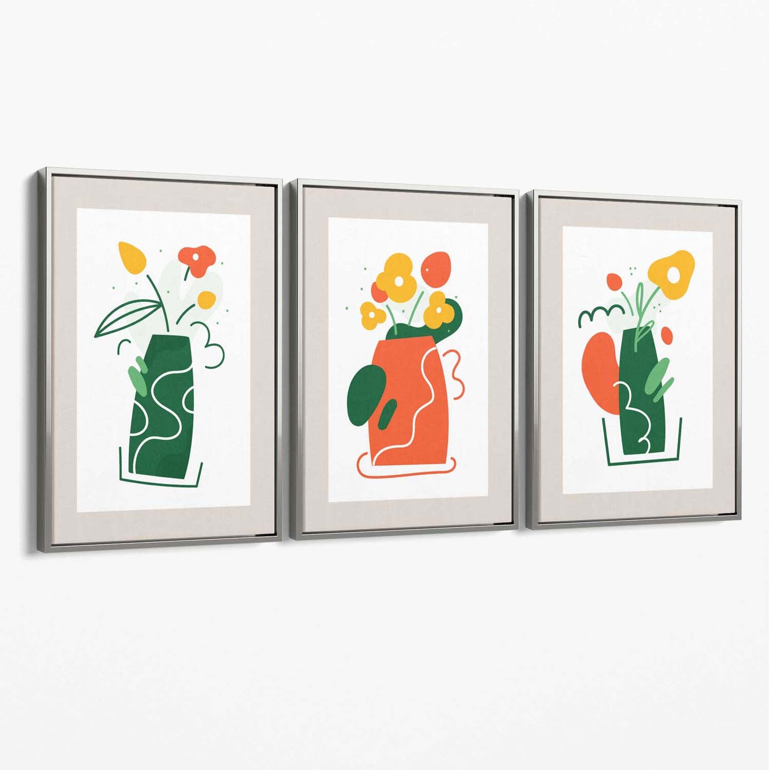 Boho Minimal Floral Green Orange Set of 3 Canvas Art Prints with Silver Float Frame