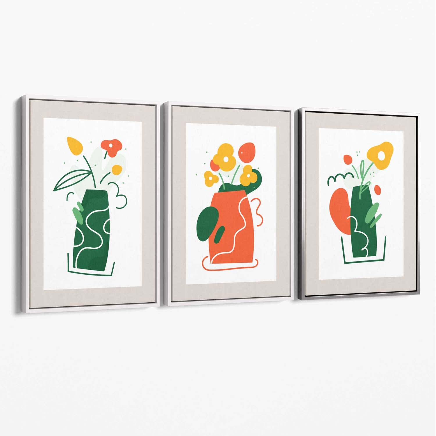 Boho Minimal Floral Green Orange Set of 3 Canvas Art Prints with White Float Frame