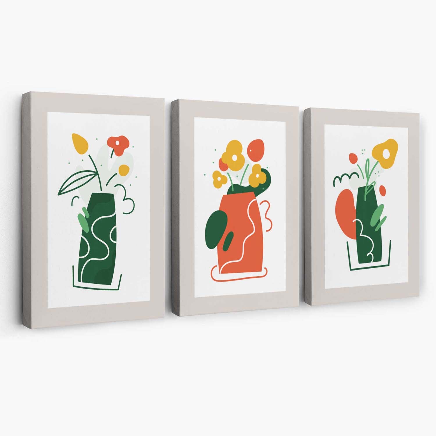 Boho Minimal Floral Green Orange Set of 3 Canvas Art Prints | Artze Wall Art