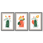 Boho Minimal Floral Green Orange Set of 3 Framed Art Prints with Dark Grey Wooden Frames