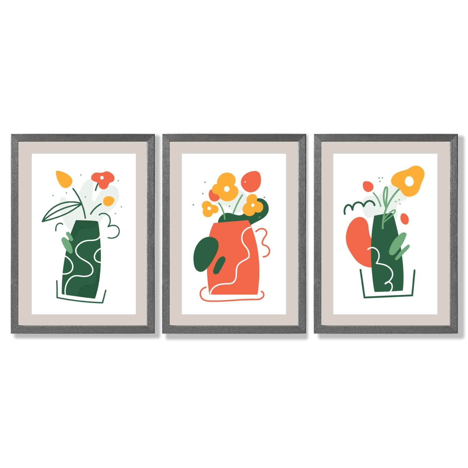 Boho Minimal Floral Green Orange Set of 3 Framed Art Prints with Dark Grey Wooden Frames