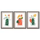 Boho Minimal Floral Green Orange Set of 3 Framed Art Prints with Dark Wood Frames