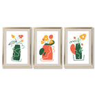 Boho Minimal Floral Green Orange Set of 3 Framed Art Prints with Gold Wood Frames