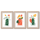 Boho Minimal Floral Green Orange Set of 3 Framed Art Prints with Light Oak Frames