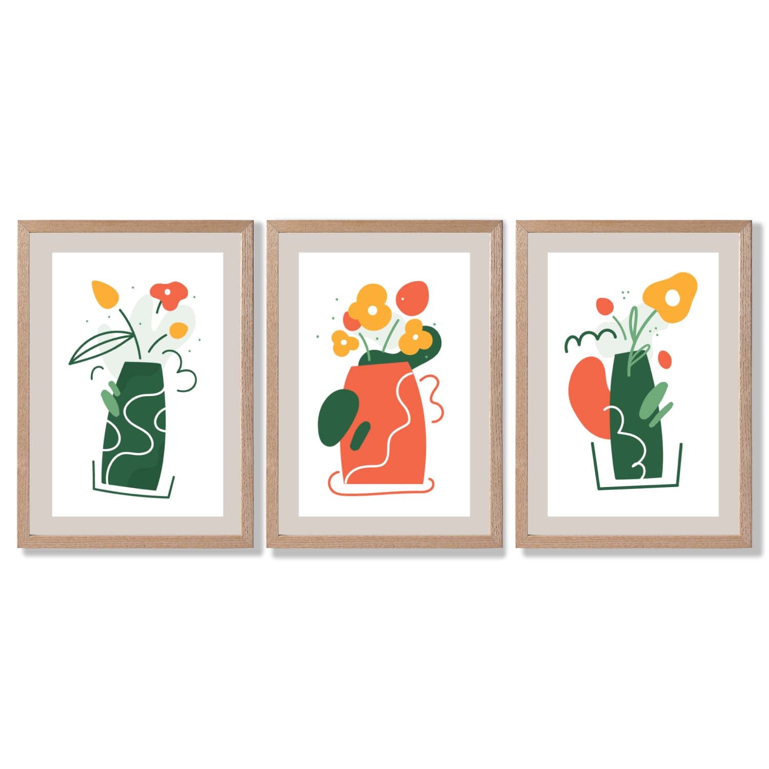 Boho Minimal Floral Green Orange Set of 3 Framed Art Prints with Light Oak Frames
