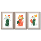 Boho Minimal Floral Green Orange Set of 3 Framed Art Prints with Light Walnut Frames