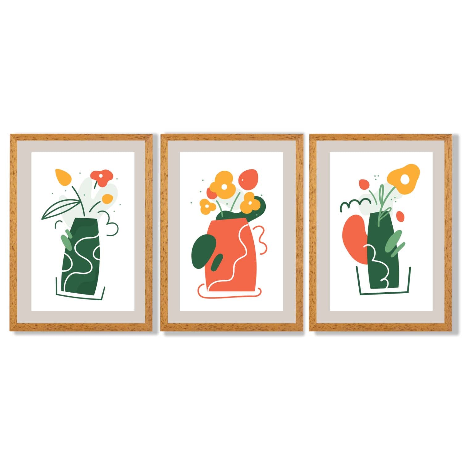 Boho Minimal Floral Green Orange Set of 3 Framed Art Prints with Oak Wooden Frames