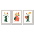 Boho Minimal Floral Green Orange Set of 3 Framed Art Prints with Silver Wood Frames