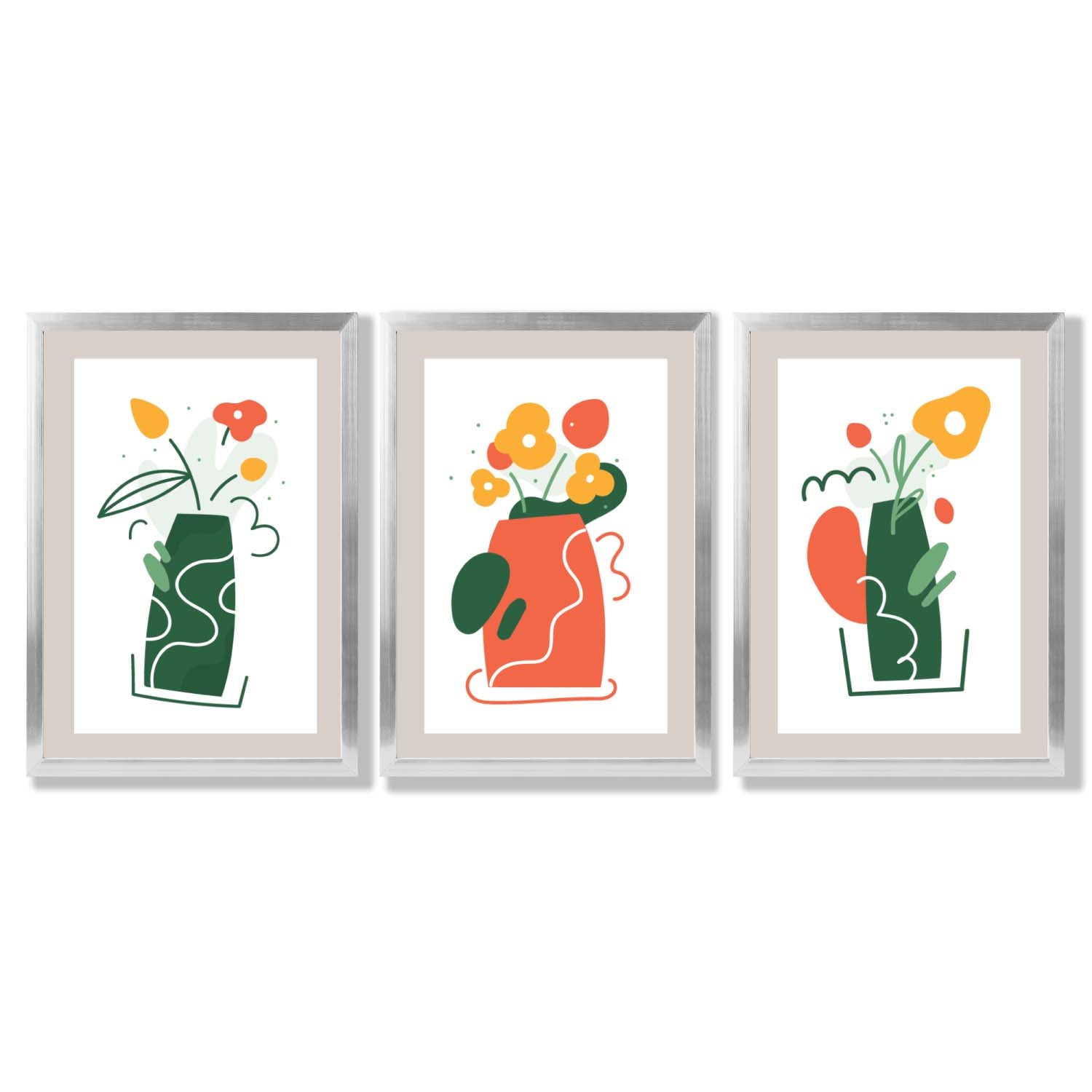 Boho Minimal Floral Green Orange Set of 3 Framed Art Prints with Silver Wood Frames