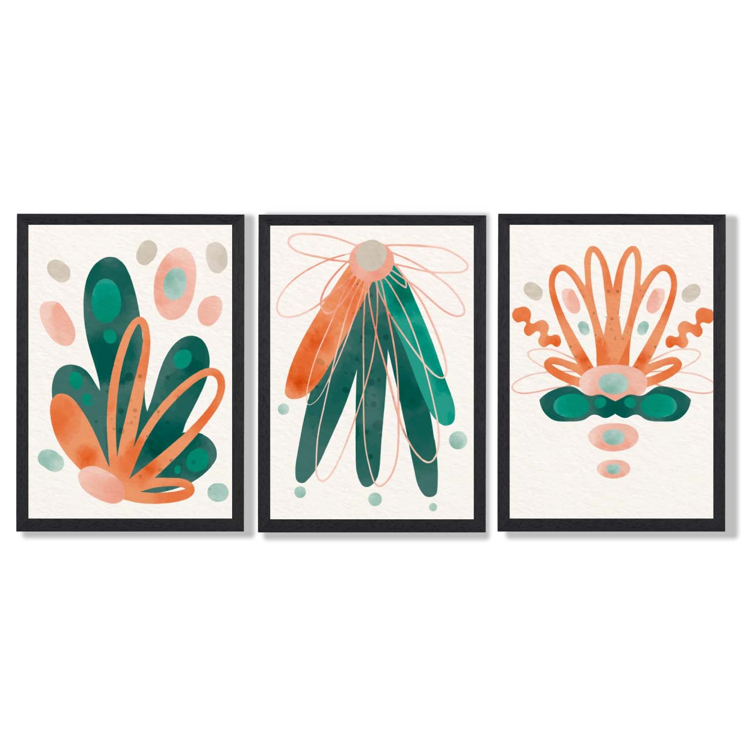 Abstract Green Orange Floral Set of 3 Framed Art Prints with Black Wooden Frames