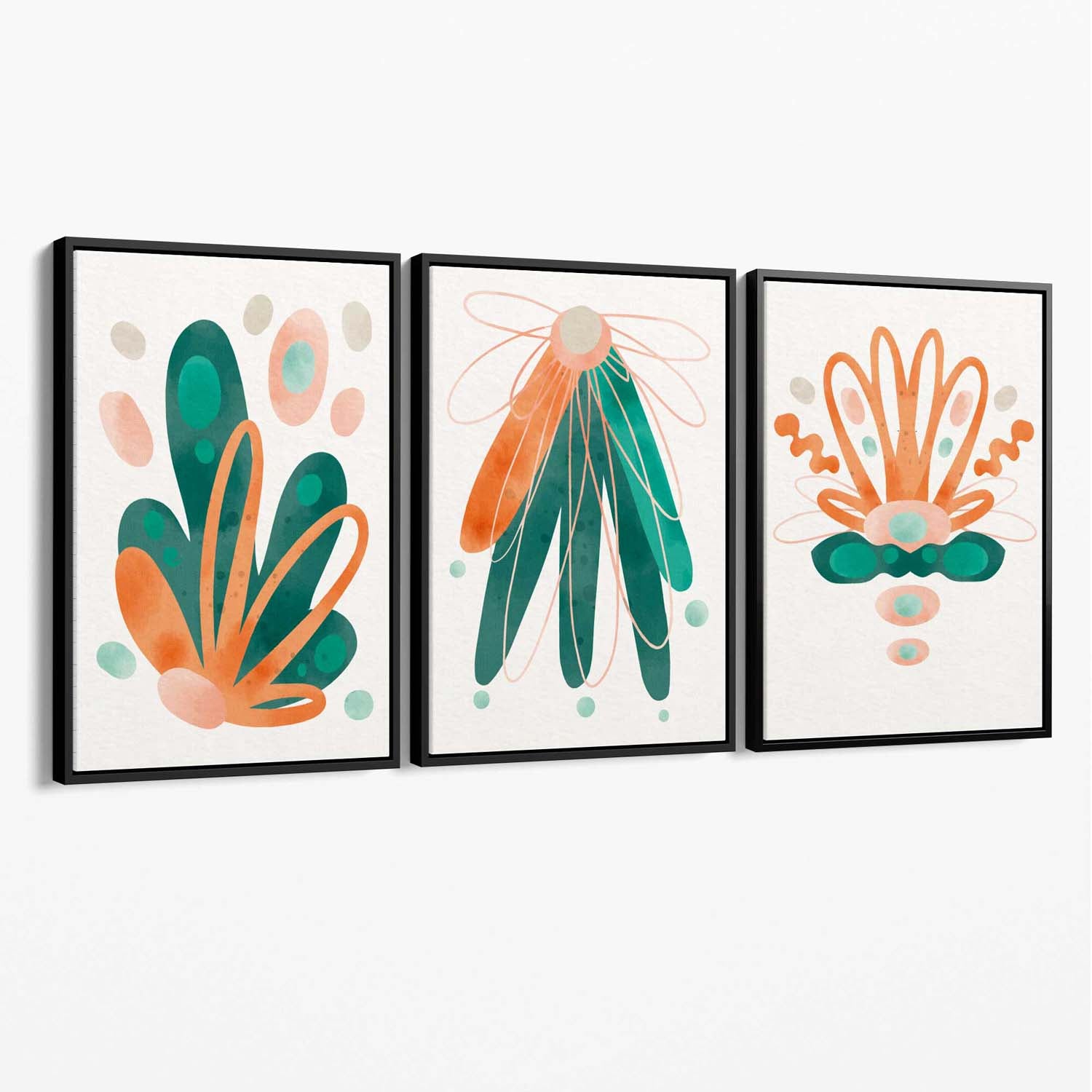 Abstract Green Orange Floral Set of 3 Canvas Art Prints with Black Float Frame