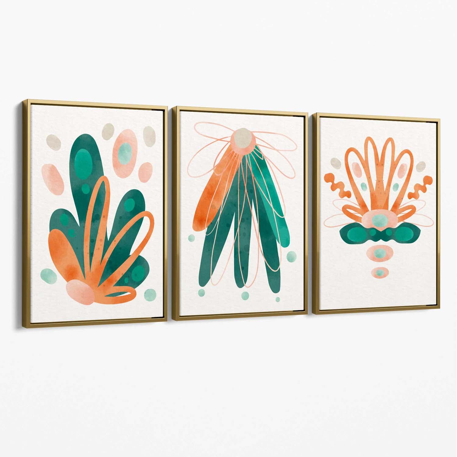 Abstract Green Orange Floral Set of 3 Canvas Art Prints with Gold Float Frame