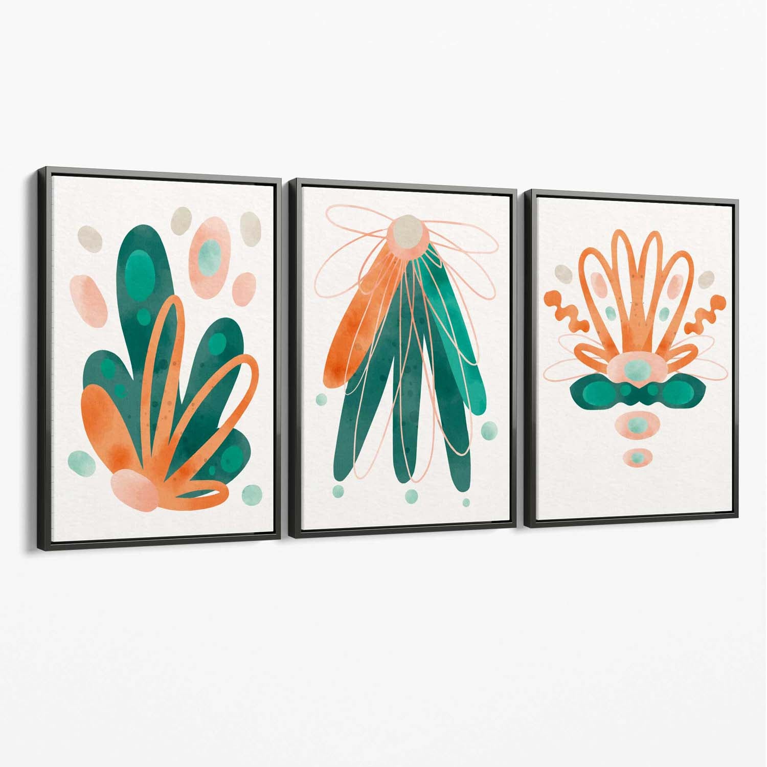 Abstract Green Orange Floral Set of 3 Canvas Art Prints with Grey Float Frame