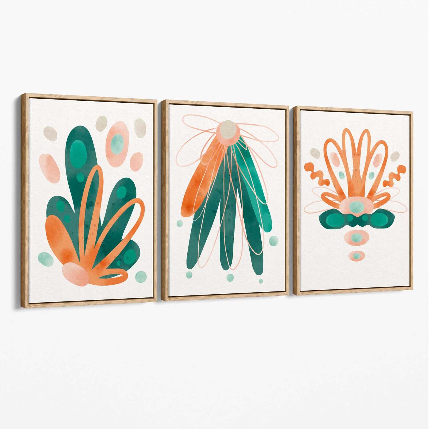 Abstract Green Orange Floral Set of 3 Canvas Art Prints with Oak Float Frame