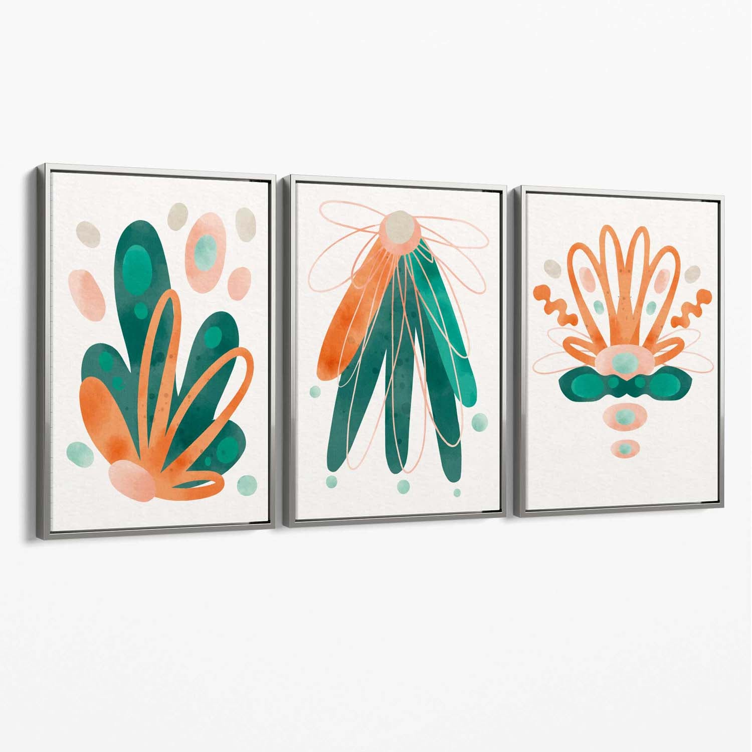 Abstract Green Orange Floral Set of 3 Canvas Art Prints with Silver Float Frame