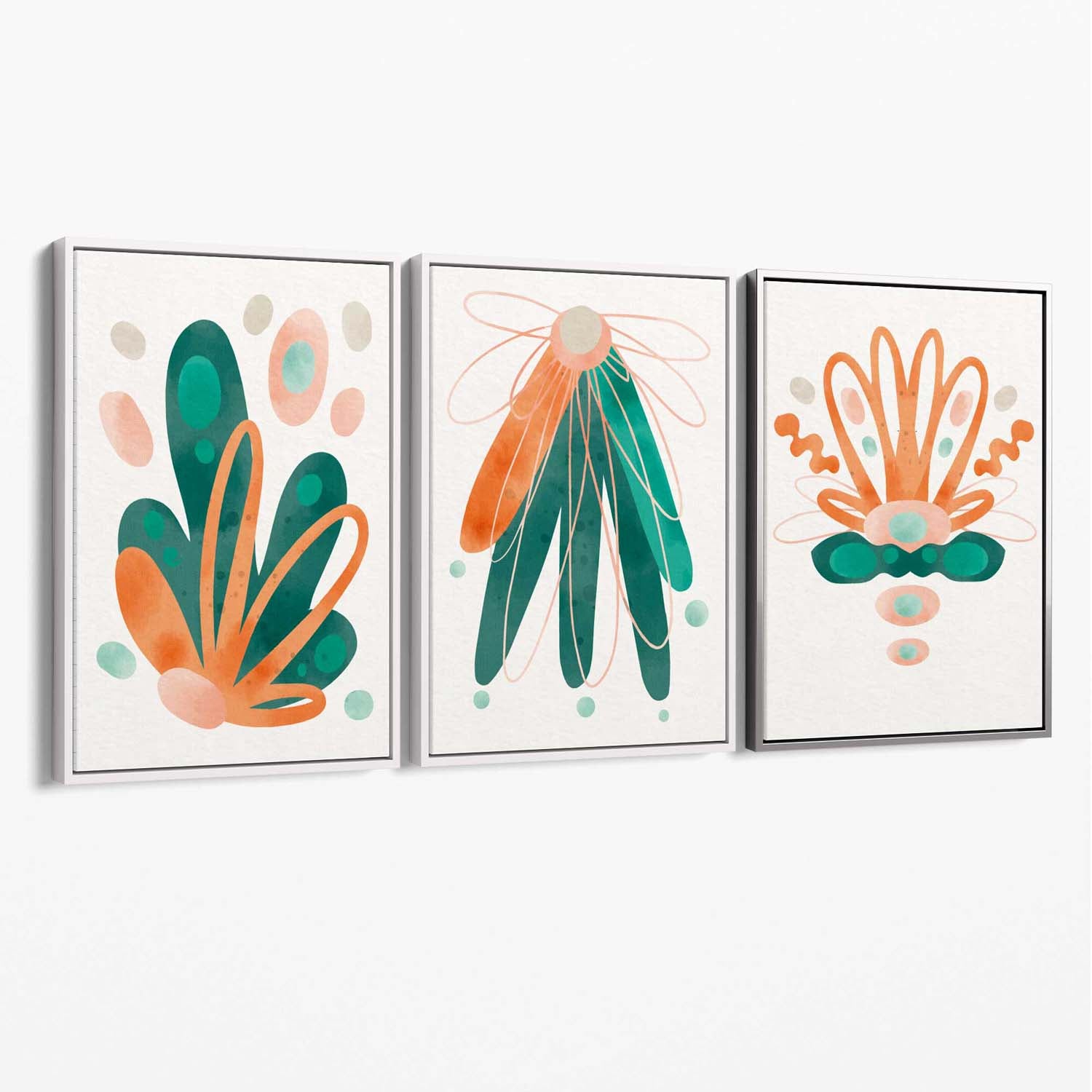Abstract Green Orange Floral Set of 3 Canvas Art Prints with White Float Frame