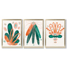 Abstract Green Orange Floral Set of 3 Framed Art Prints with Gold Wood Frames