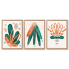 Abstract Green Orange Floral Set of 3 Framed Art Prints with Light Oak Frames