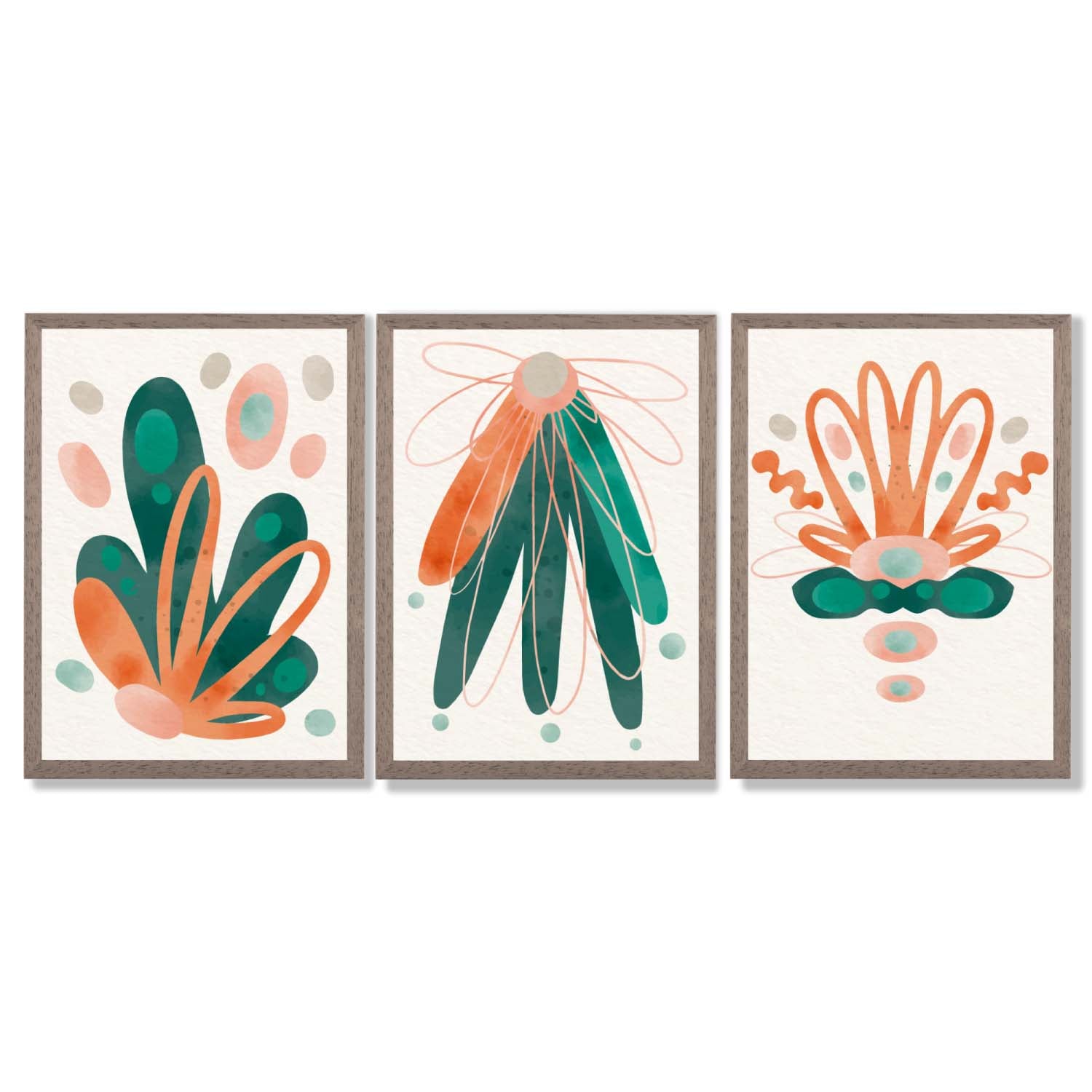 Abstract Green Orange Floral Set of 3 Framed Art Prints with Light Walnut Frames